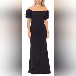 Xscape | Dresses | Elegant Navy Blue Dress With Gold Embroidery | Poshmark